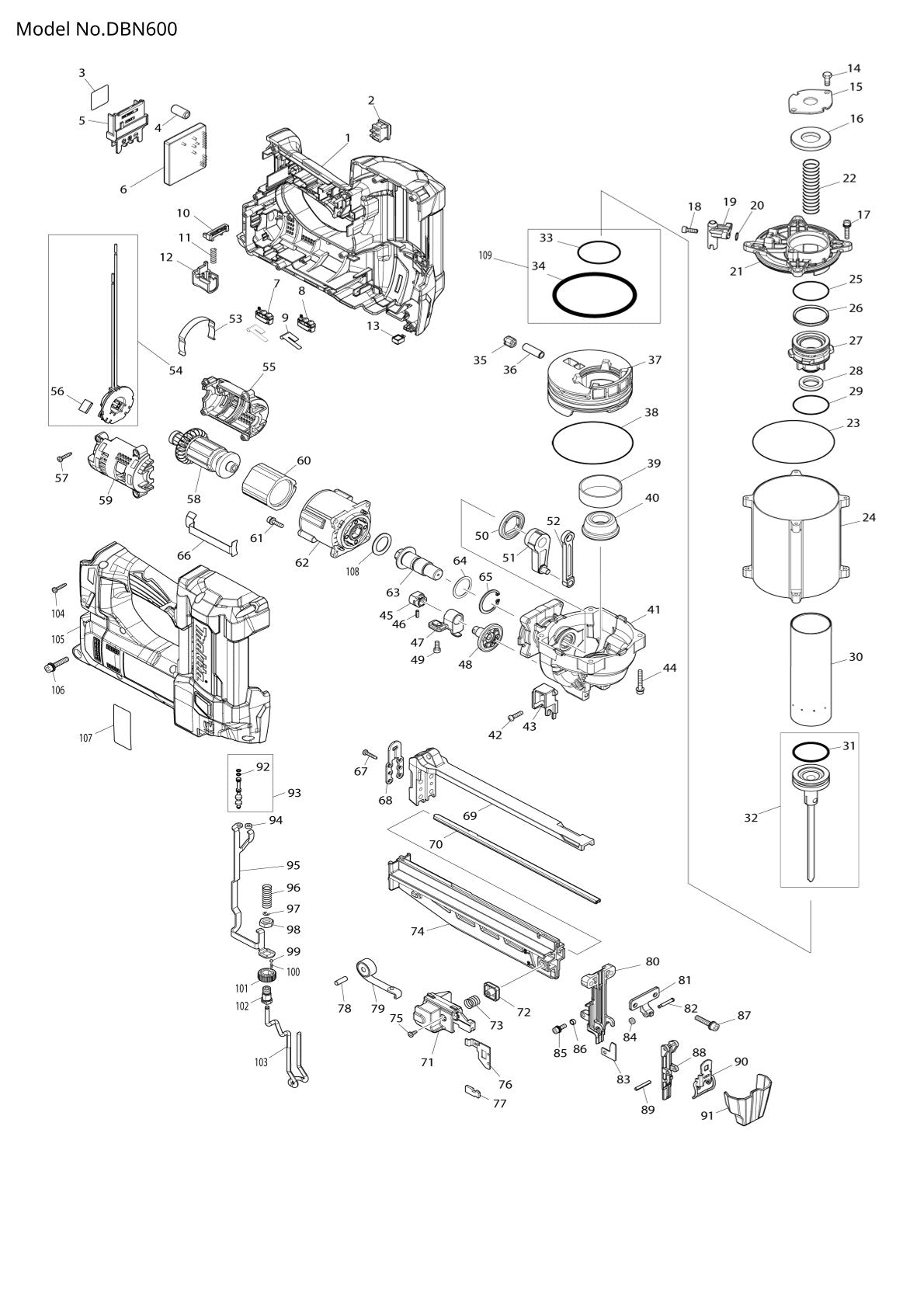 Vue éclatée Makita DBN600 - page 1