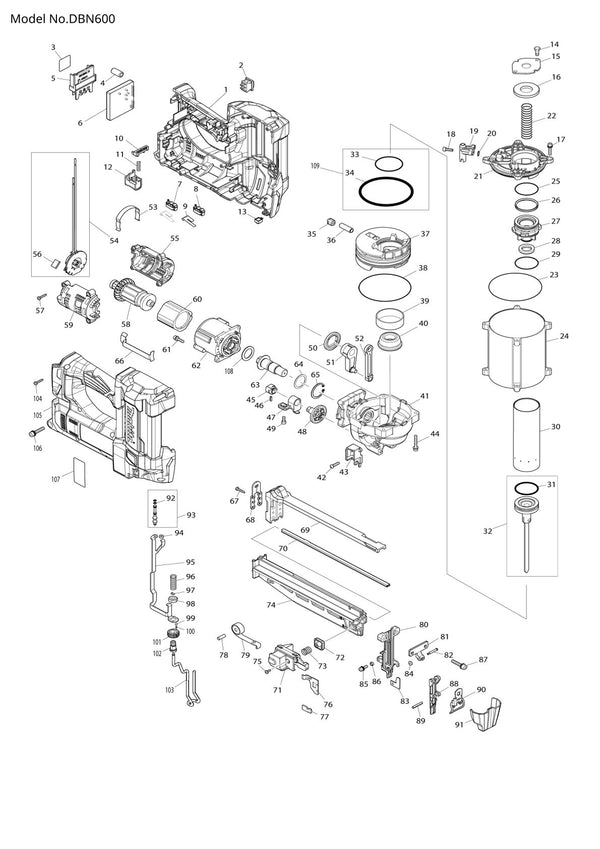 Vue éclatée Makita DBN600 - page 1