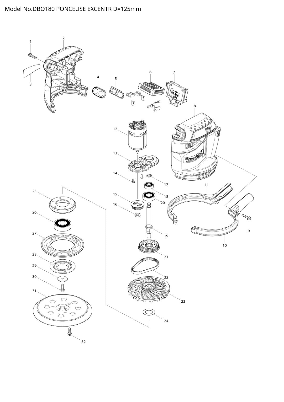 Vue éclatée Makita DBO180 - page 1