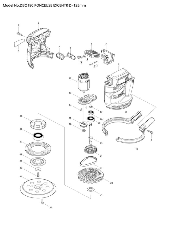 Vue éclatée Makita DBO180 - page 1