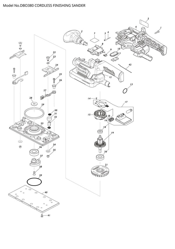Vue éclatée Makita DBO380 - page 1