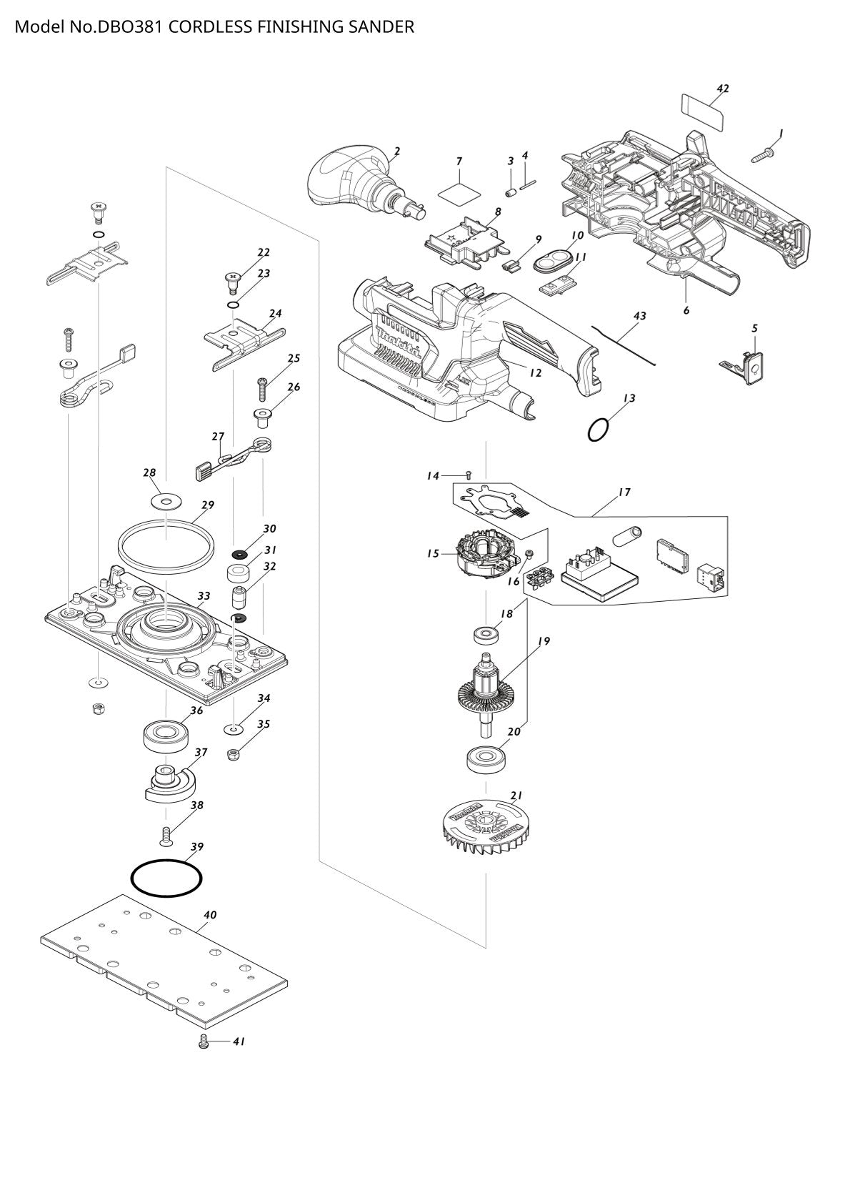 Vue éclatée Makita DBO381 - page 1