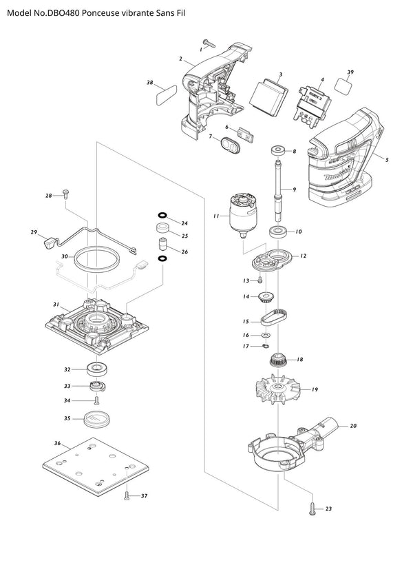 Vue éclatée Makita DBO480 - page 1