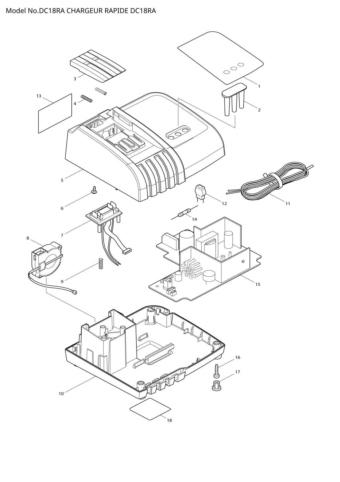 Vue éclatée Makita DC18RA - page 1