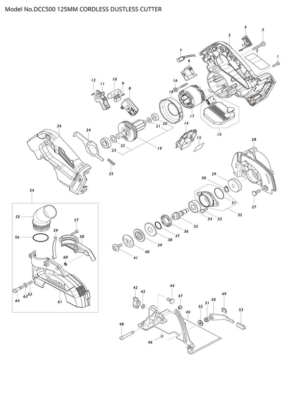 Vue éclatée Makita DCC500 - page 1