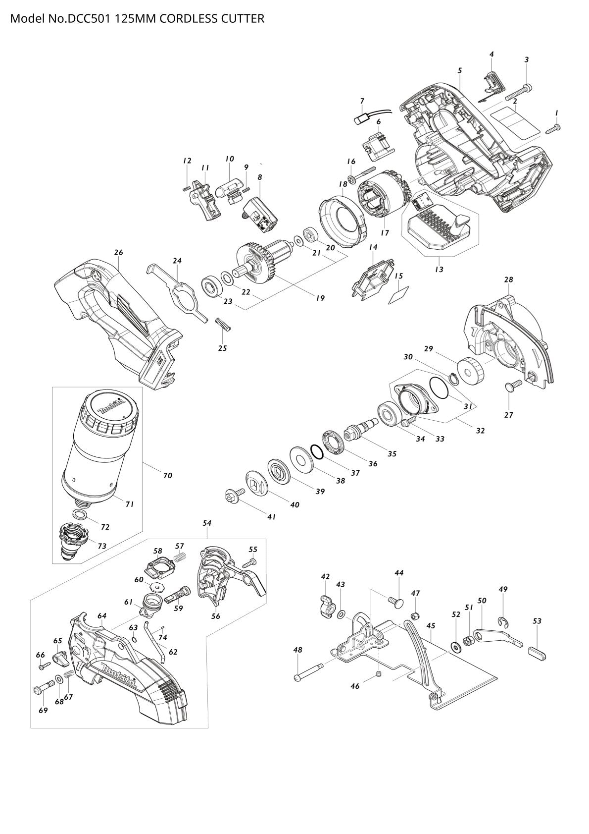 Vue éclatée Makita DCC501 - page 1