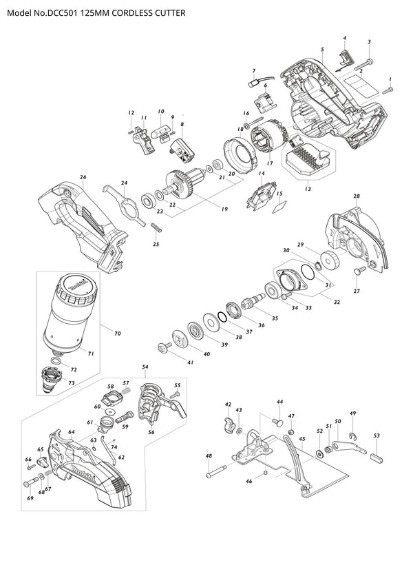 Vue éclatée Makita DCC501 - page 1
