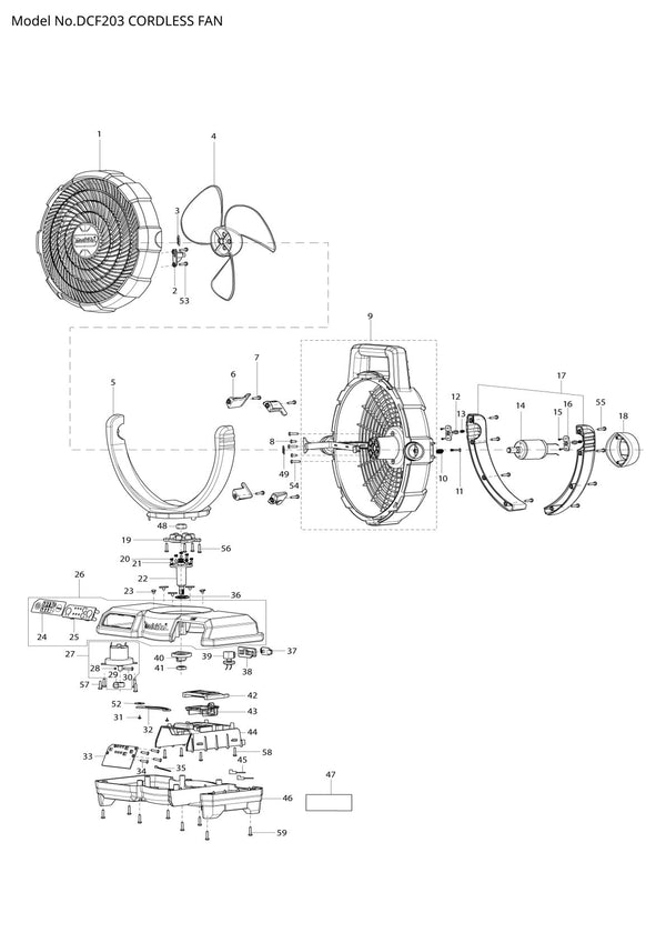 Vue éclatée Makita DCF203 - page 1