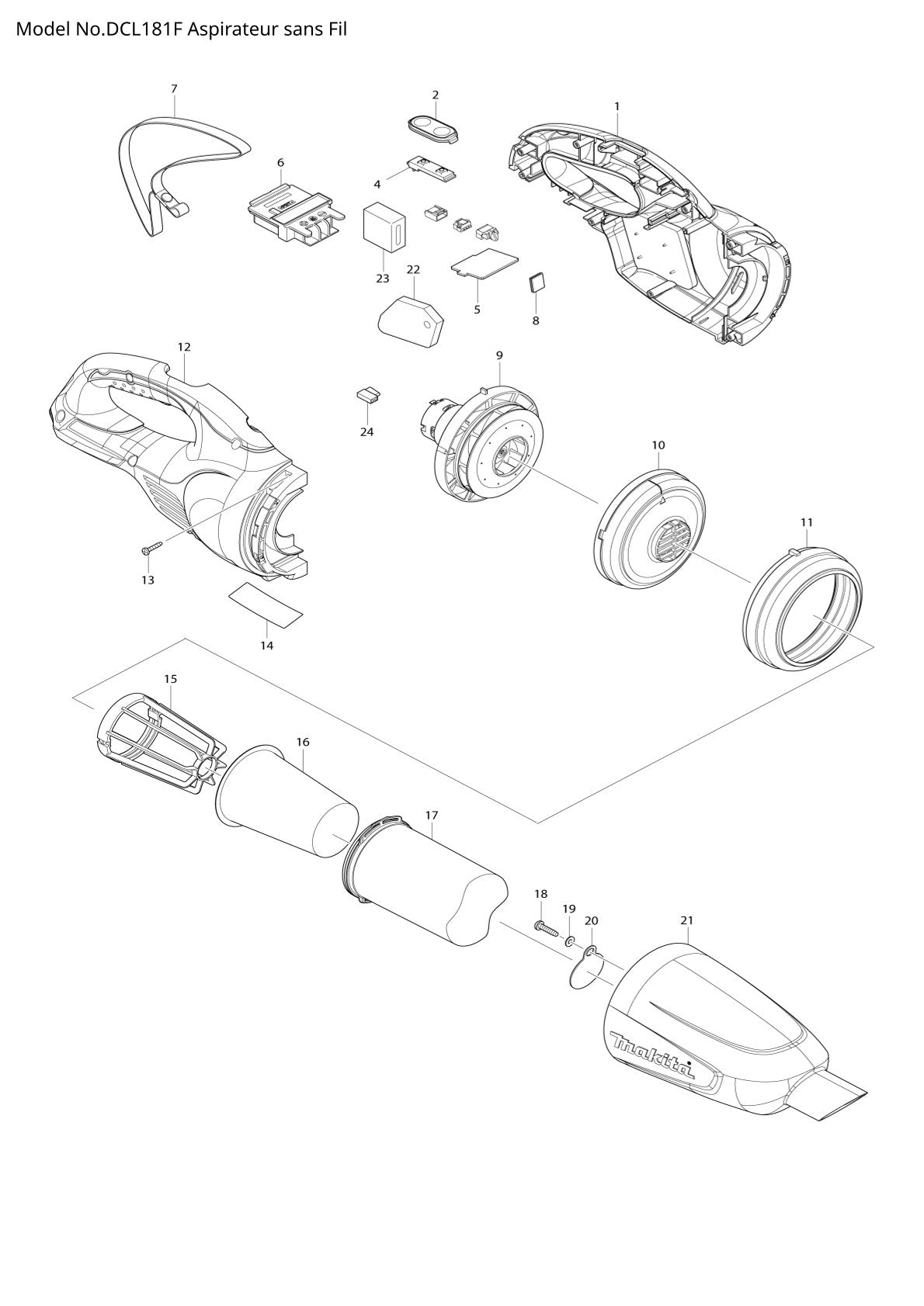 Vue éclatée Makita DCL181F - page 1