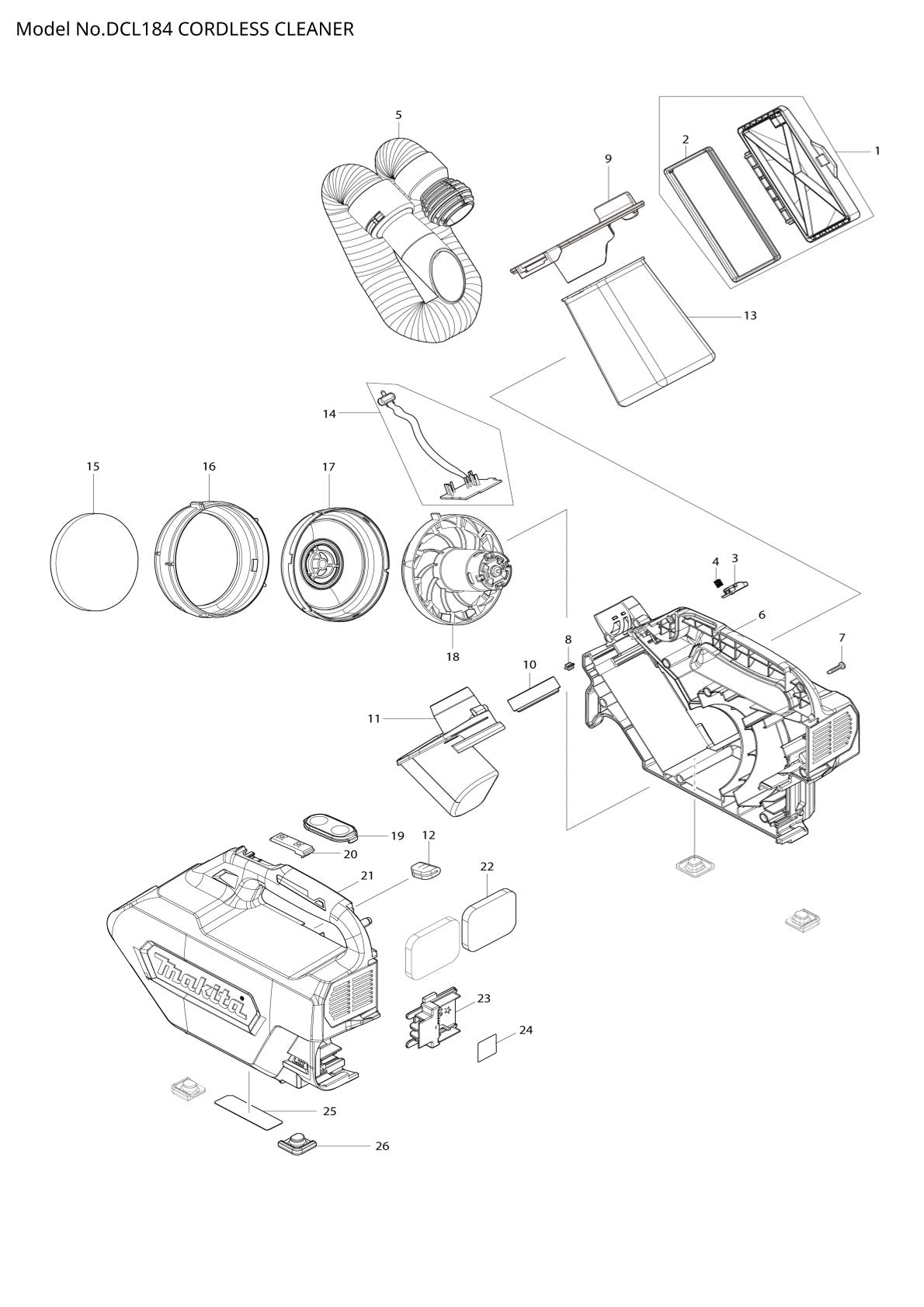 Vue éclatée Makita DCL184 - page 1
