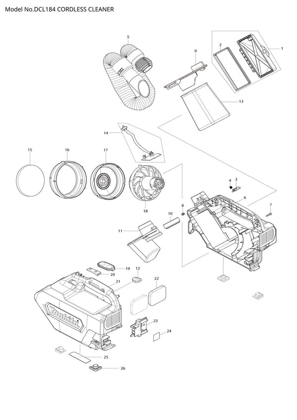 Vue éclatée Makita DCL184 - page 1