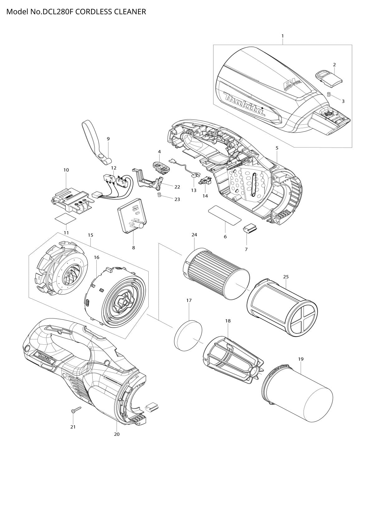 Vue éclatée Makita DCL280F - page 1