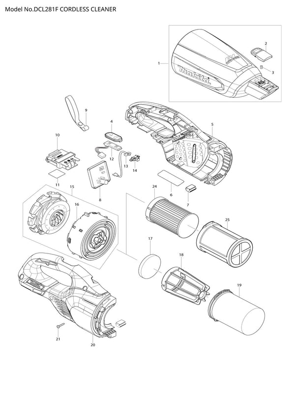 Vue éclatée Makita DCL281F - page 1