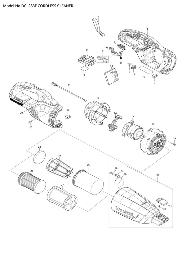 Vue éclatée Makita DCL283F - page 1