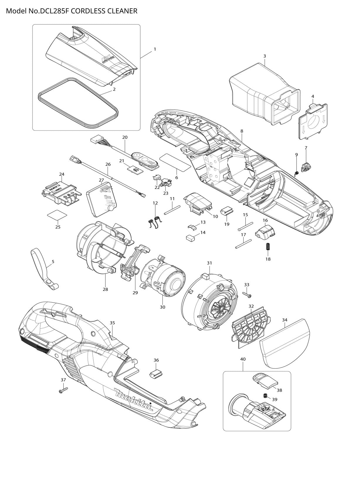 Vue éclatée Makita DCL285F - page 1