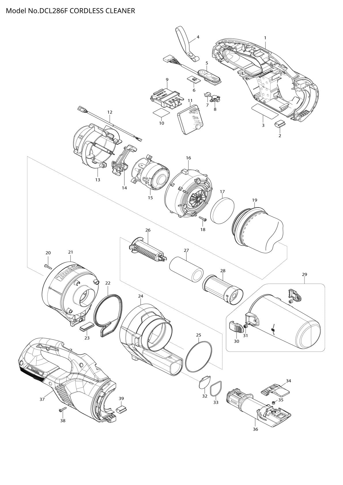 Vue éclatée Makita DCL286F - page 1