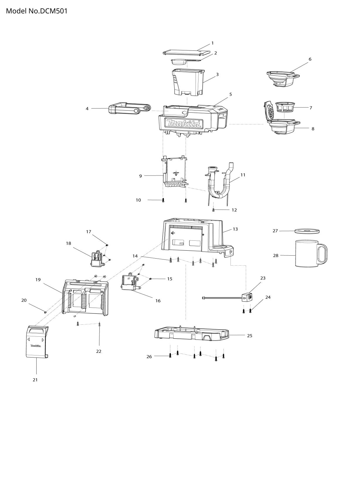 Vue éclatée Makita DCM501 - page 1