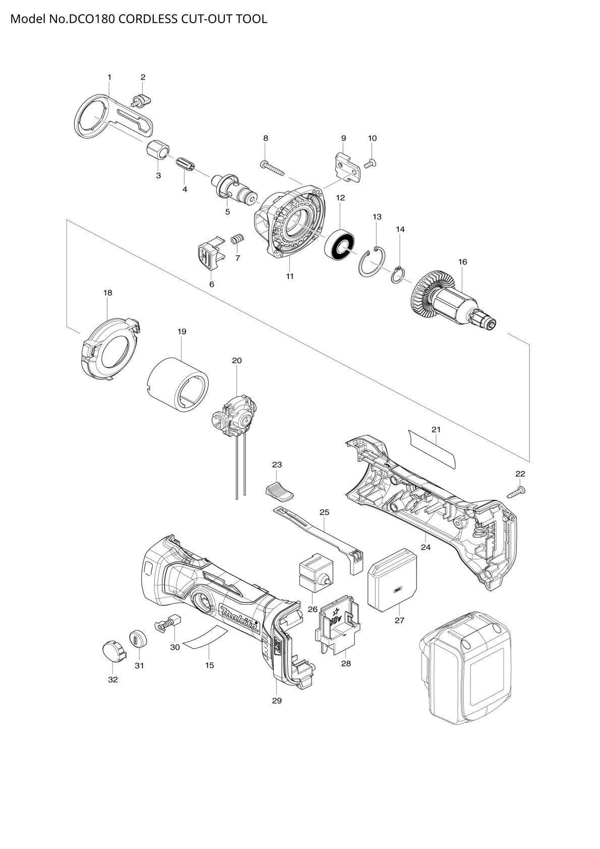 Vue éclatée Makita DCO180 - page 1