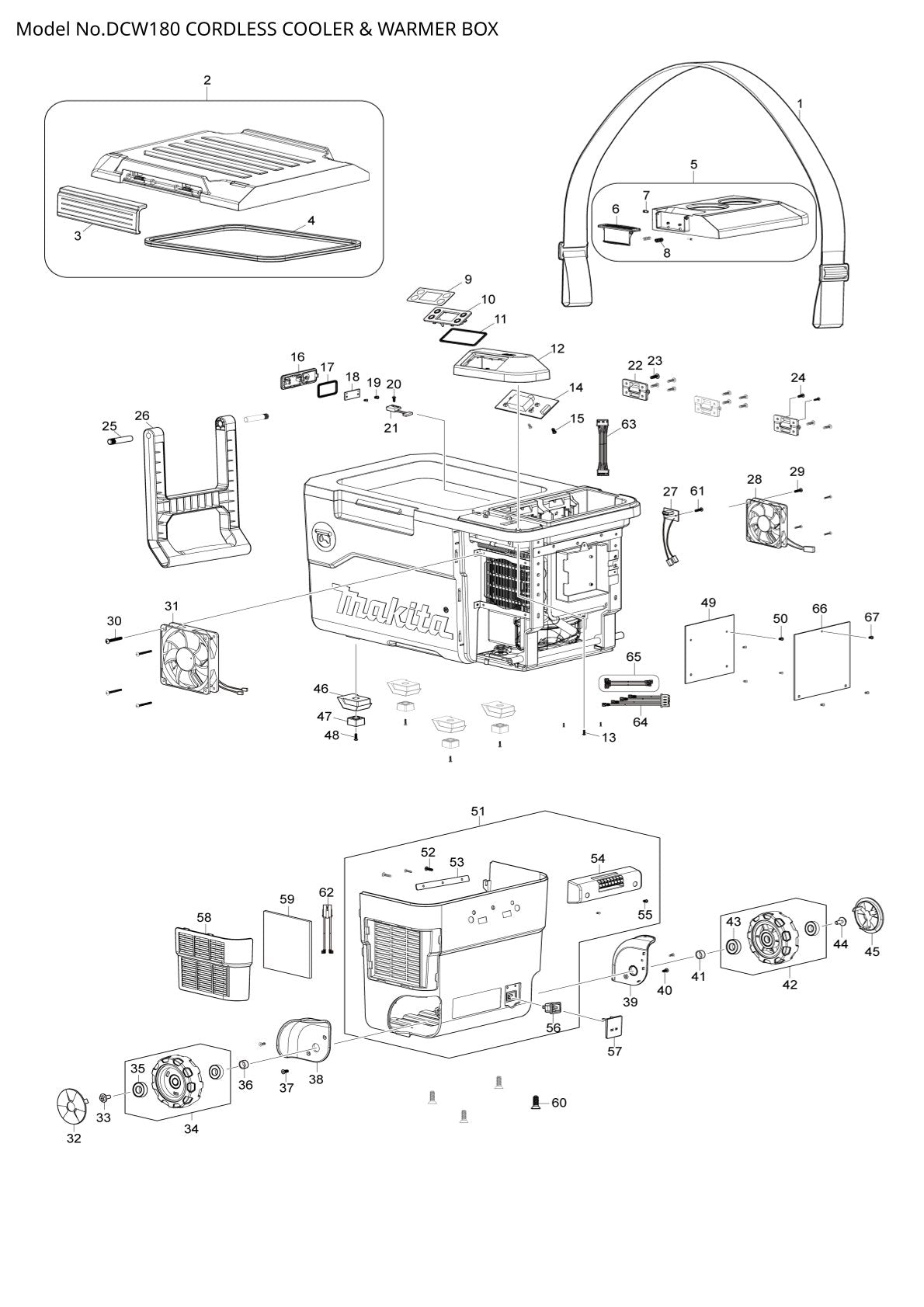 Vue éclatée Makita DCW180 - page 1