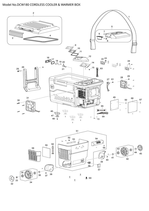 Vue éclatée Makita DCW180 - page 1