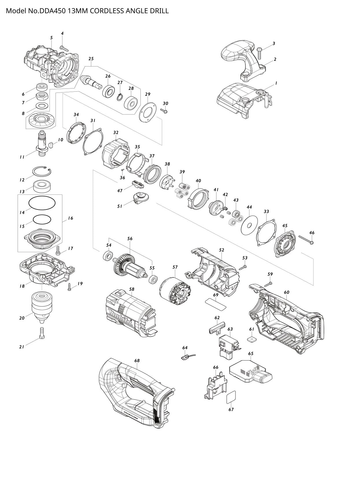Vue éclatée Makita DDA450 - page 1