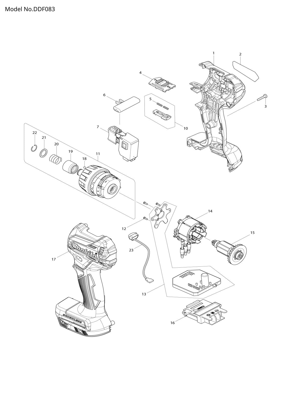 Vue éclatée Makita DDF083 - page 1