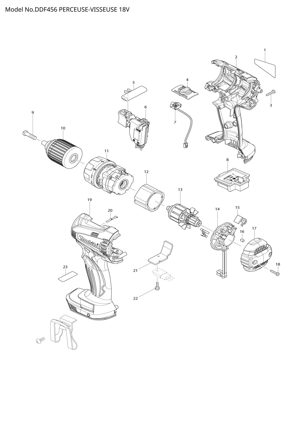 Vue éclatée Makita DDF456 - page 1