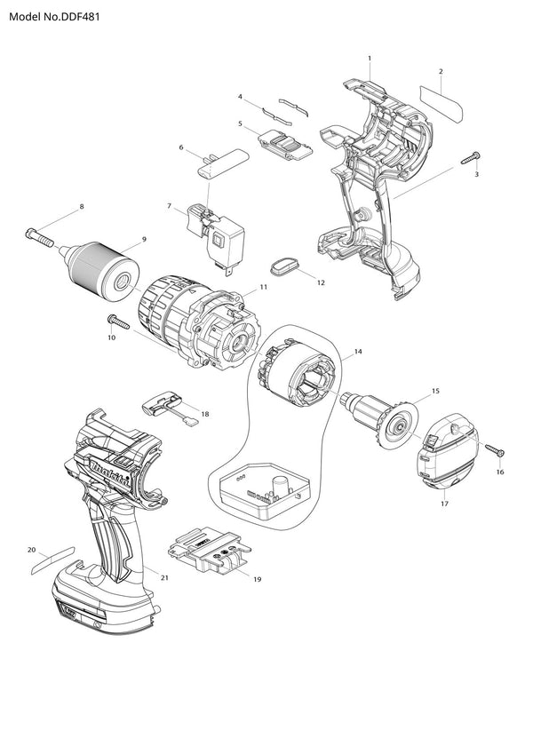 Vue éclatée Makita DDF481 - page 1
