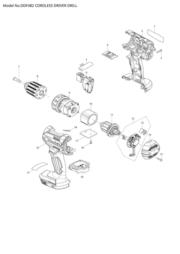 Vue éclatée Makita DDF482 - page 1