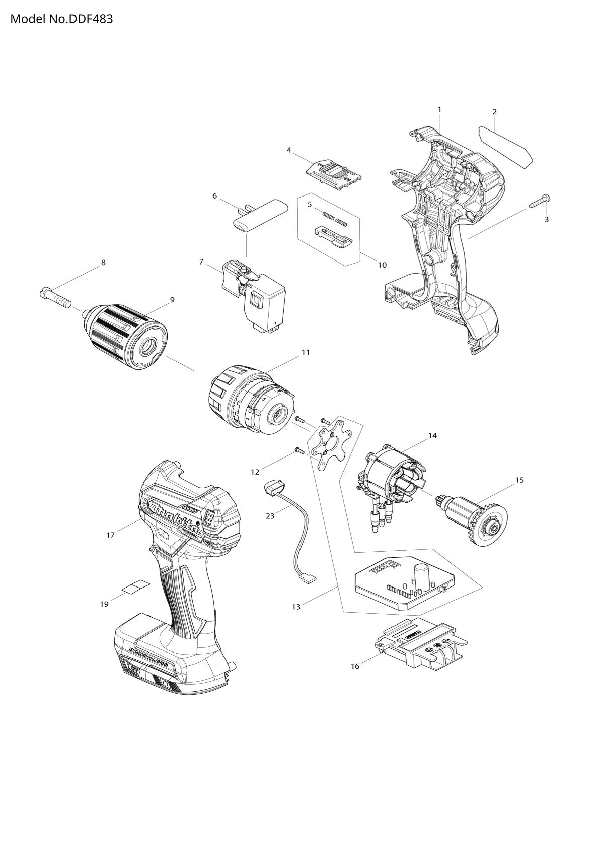Vue éclatée Makita DDF483 - page 1