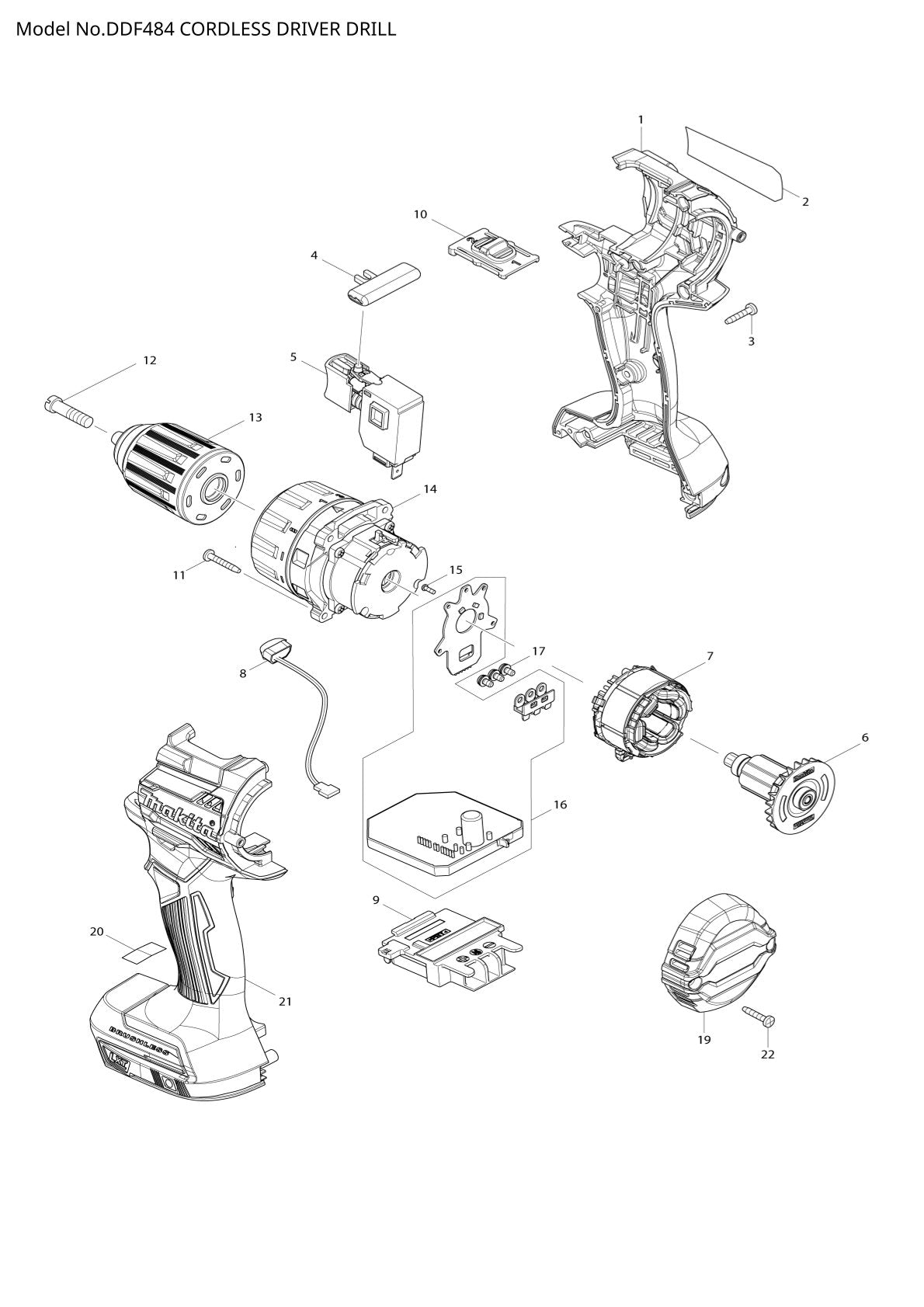 Vue éclatée Makita DDF484 - page 1