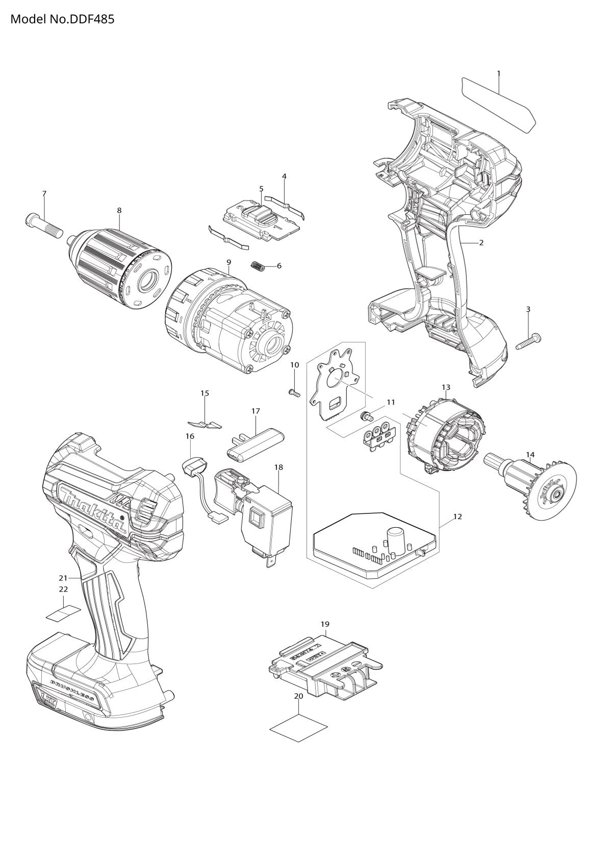 Vue éclatée Makita DDF485 - page 1