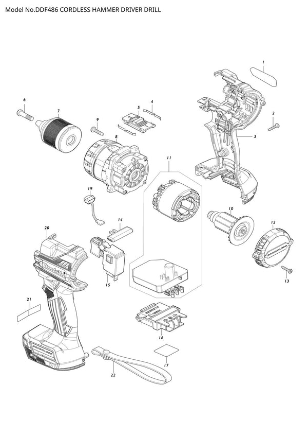 Vue éclatée Makita DDF486 - page 1