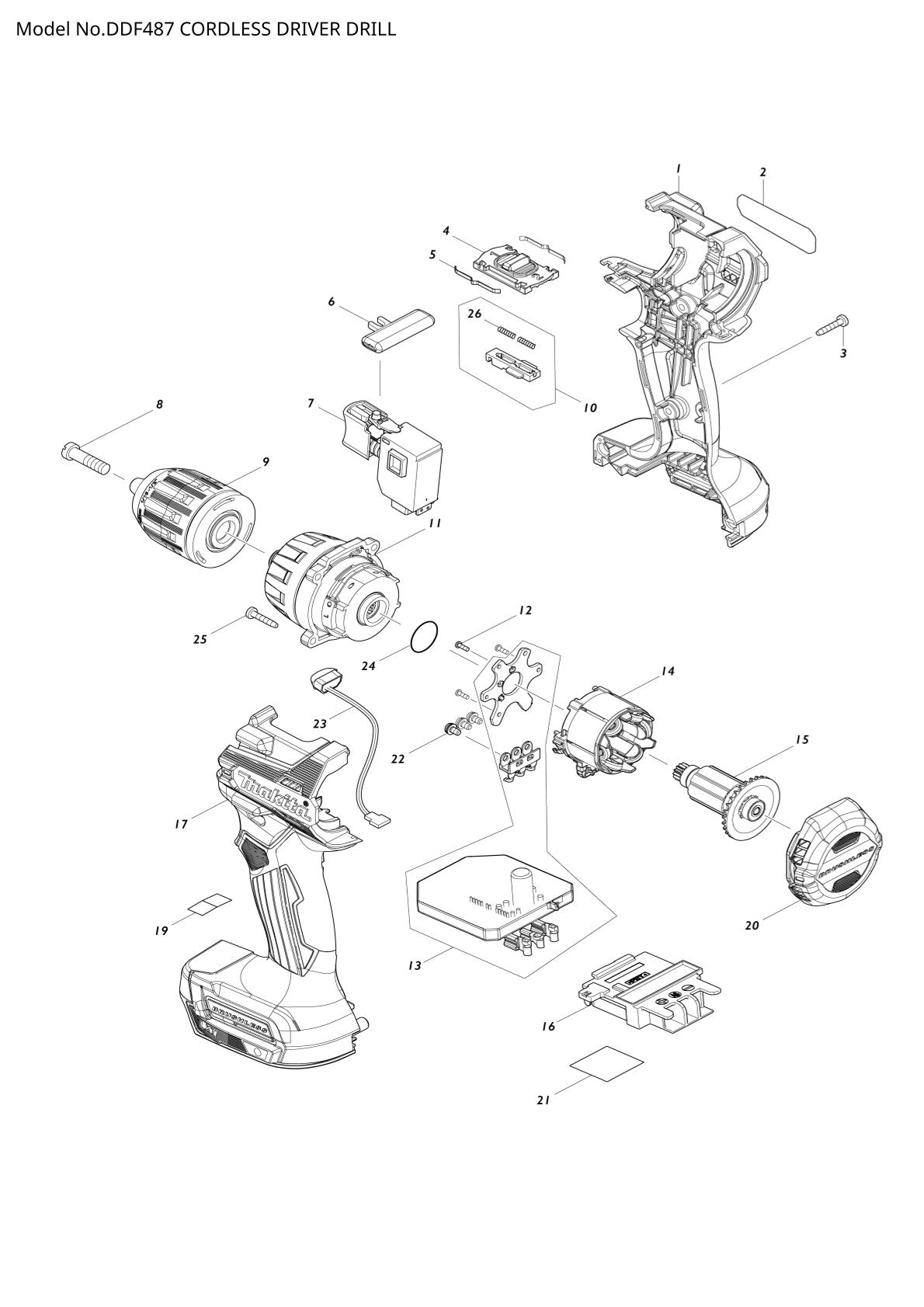 Vue éclatée Makita DDF487 - page 1