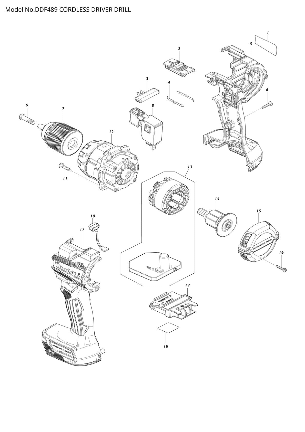 Vue éclatée Makita DDF489 - page 1