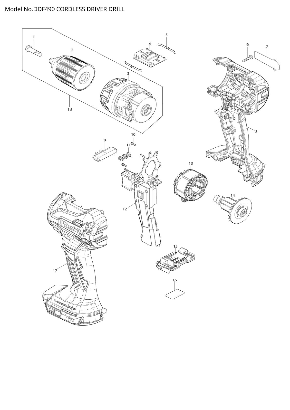 Vue éclatée Makita DDF490 - page 1