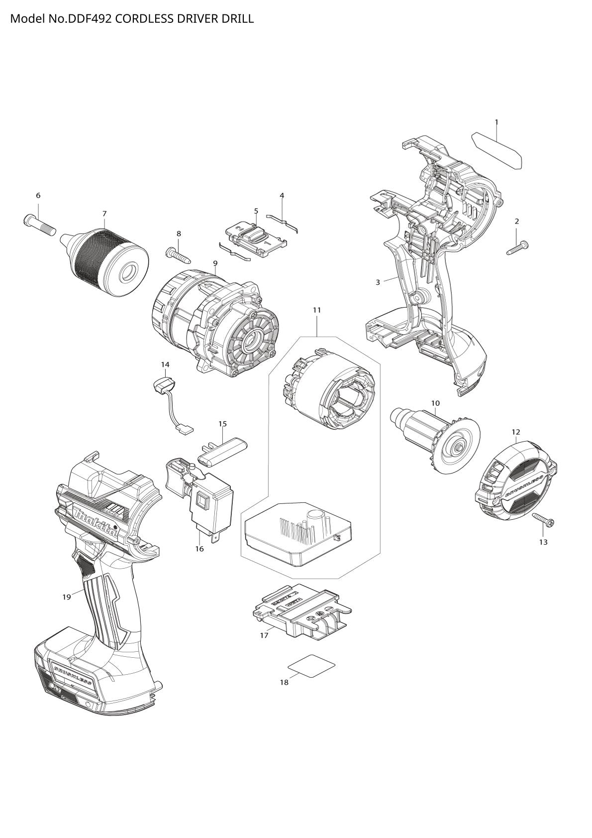 Vue éclatée Makita DDF492 - page 1