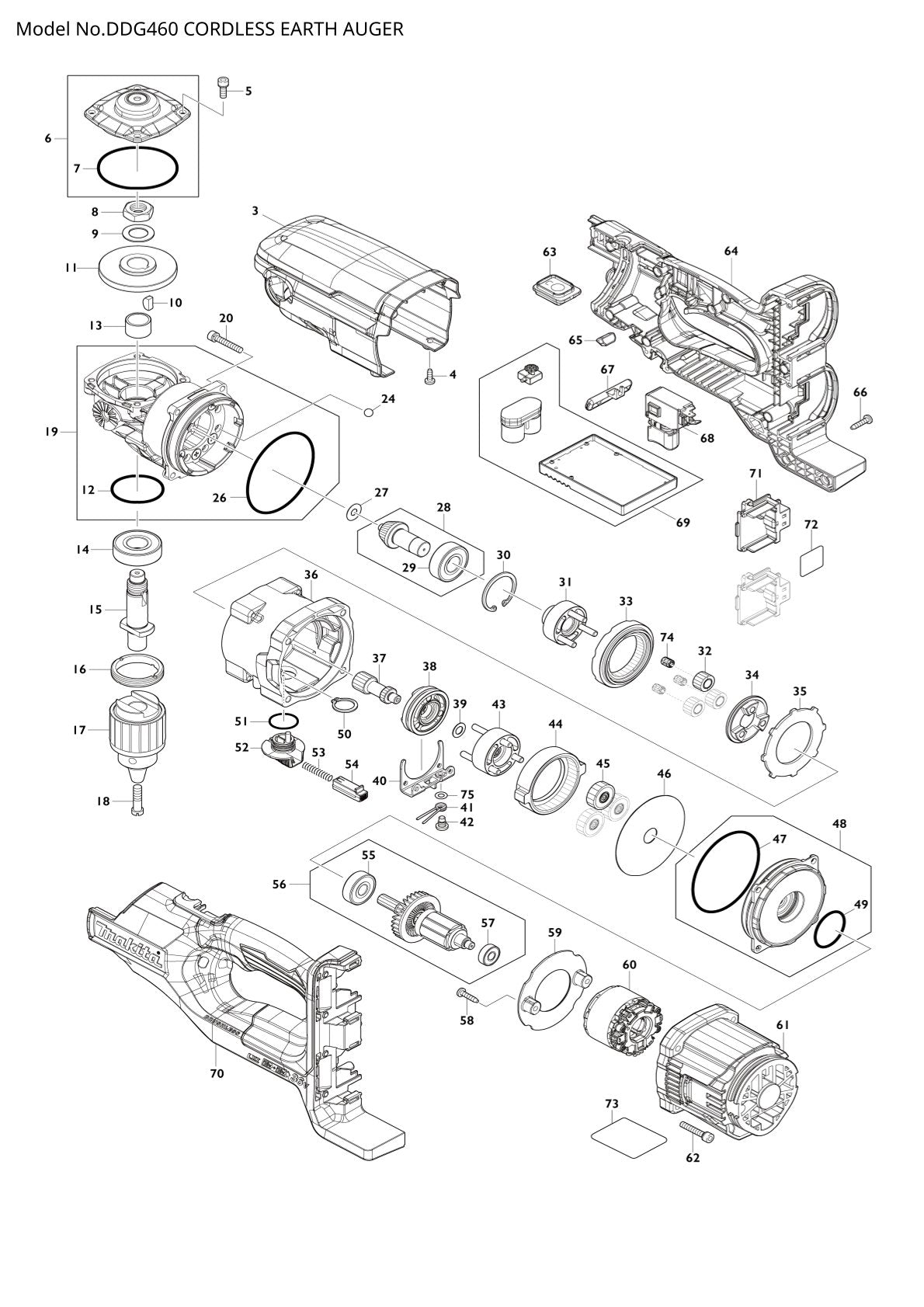 Vue éclatée Makita DDG460 - page 1