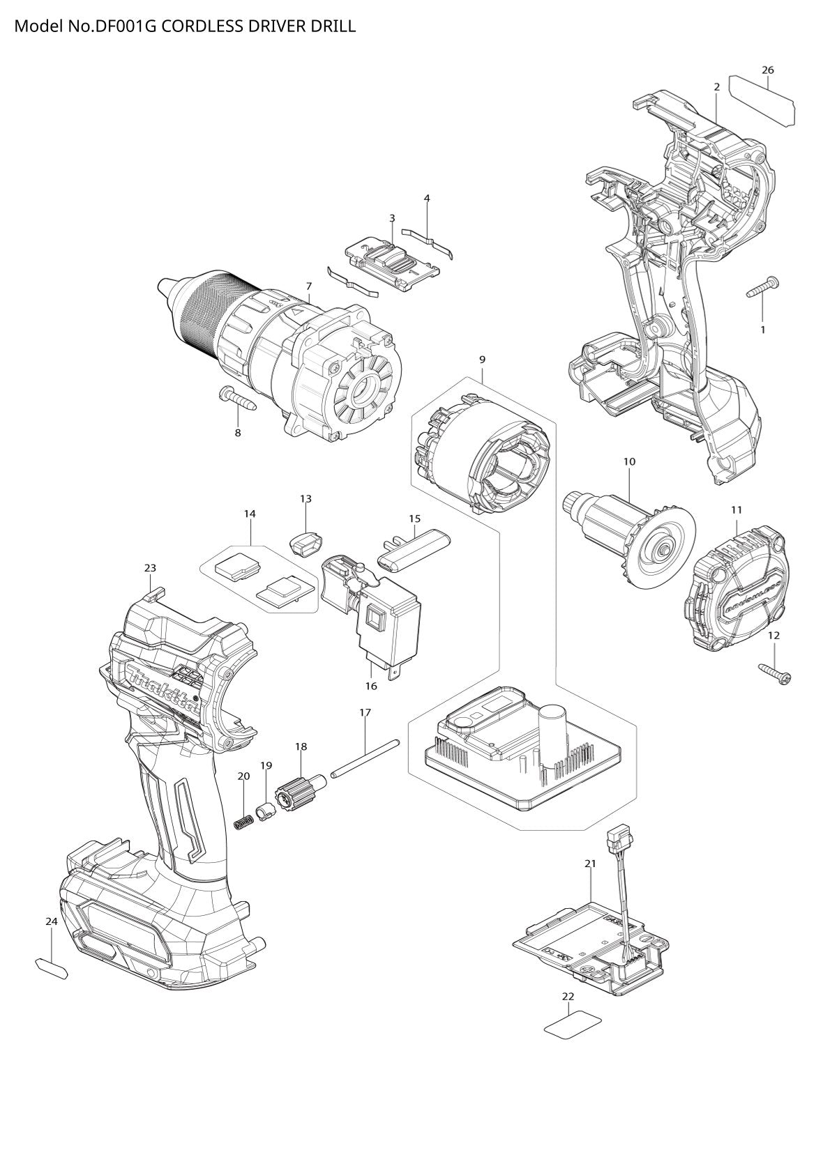 Vue éclatée Makita DF001G - page 1