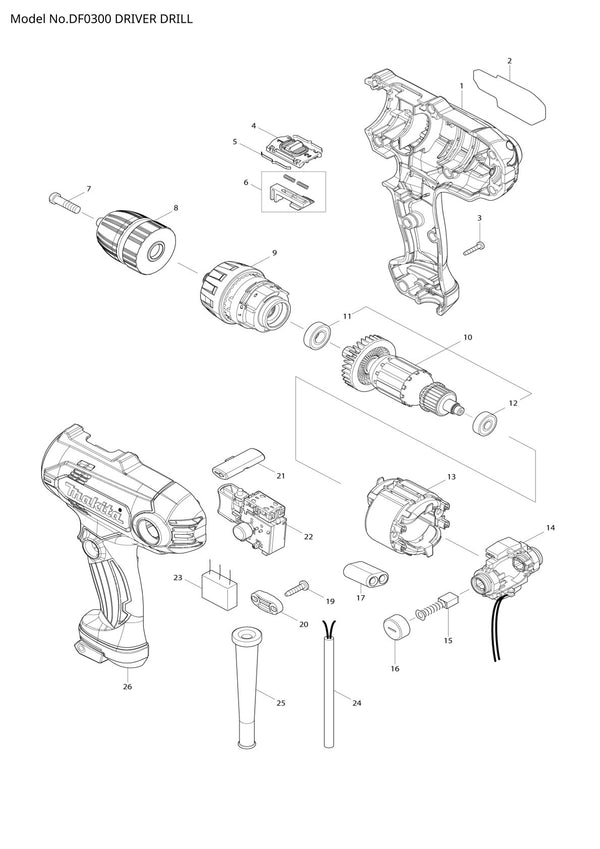 Vue éclatée Makita DF0300 - page 1