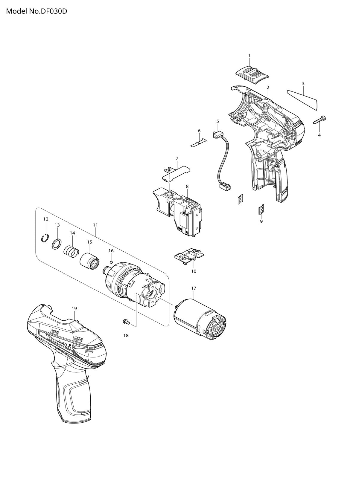 Vue éclatée Makita DF030D - page 1