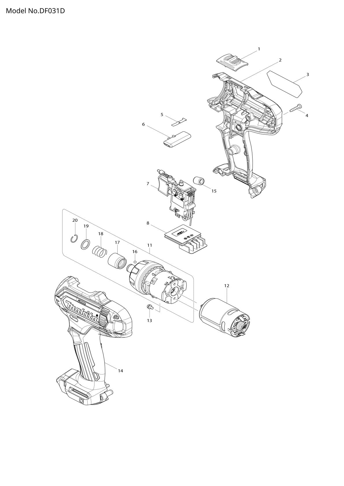 Vue éclatée Makita DF031D - page 1