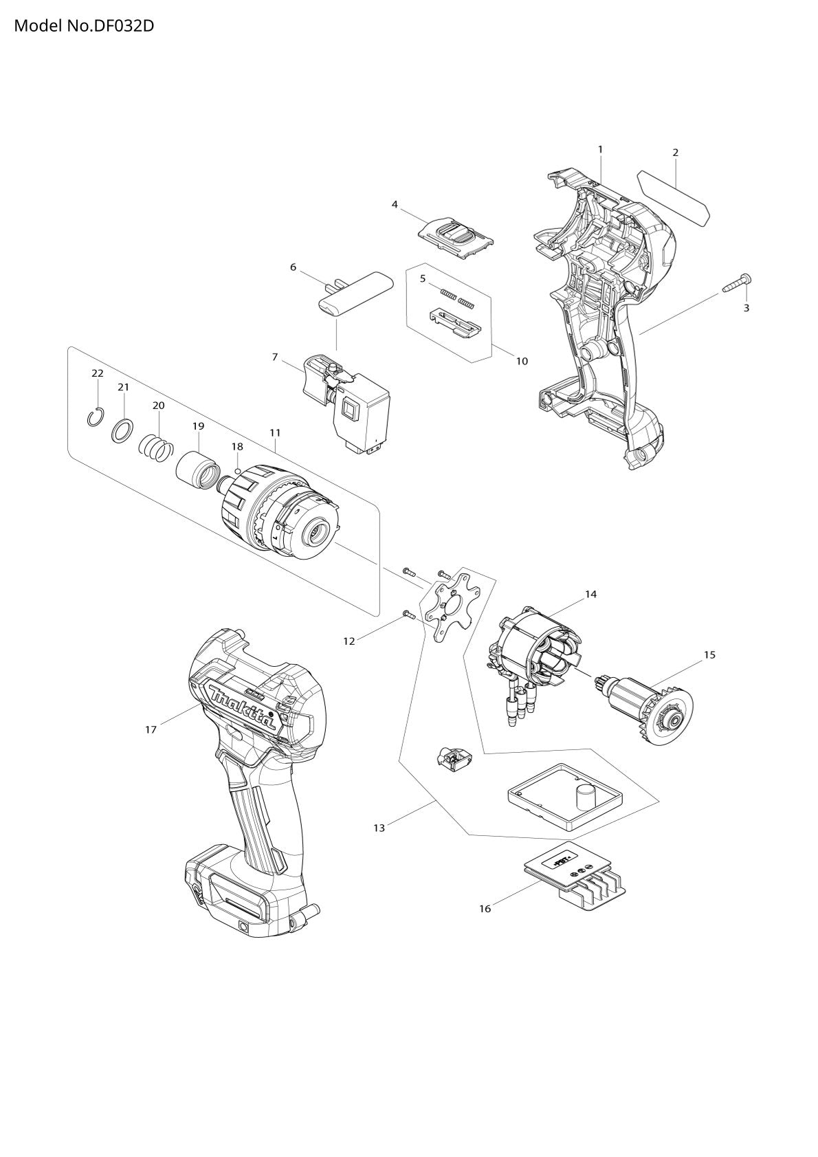 Vue éclatée Makita DF032D - page 1