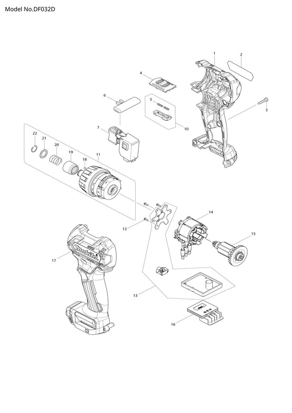 Vue éclatée Makita DF032D - page 1