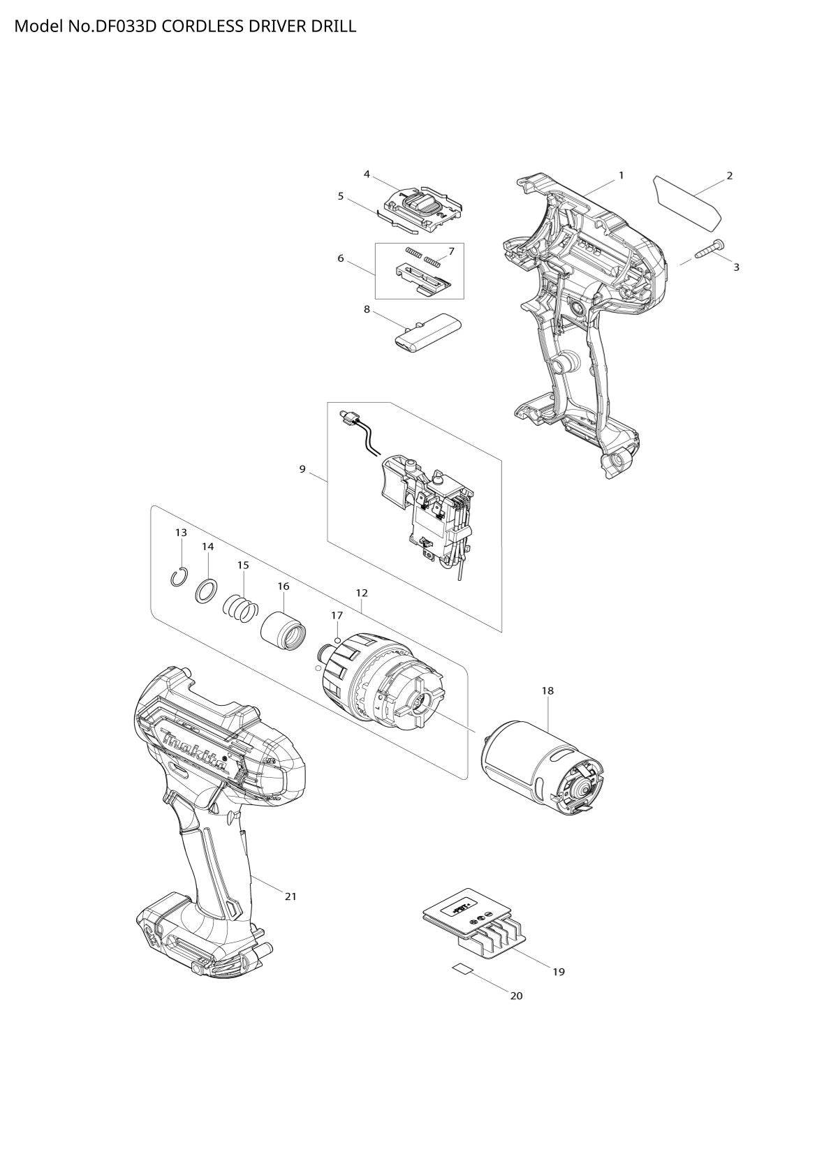 Vue éclatée Makita DF033D - page 1