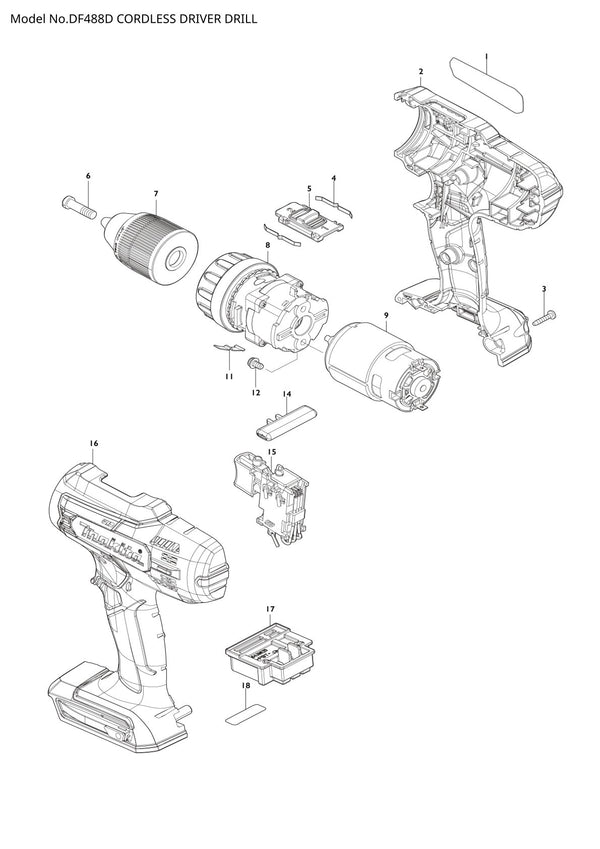 Vue éclatée Makita DF488D - page 1