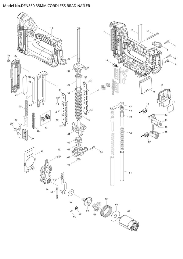 Vue éclatée Makita DFN350 - page 1
