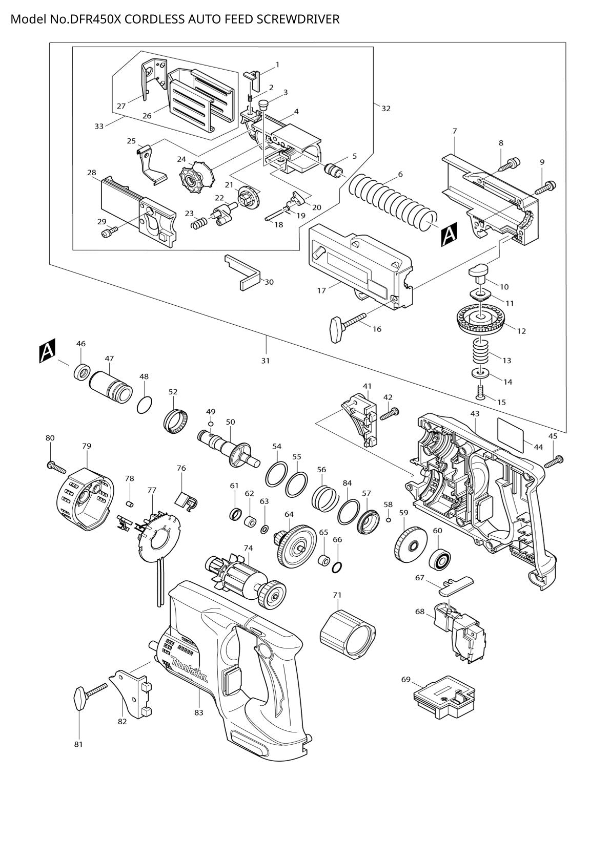 Vue éclatée Makita DFR450 - page 1