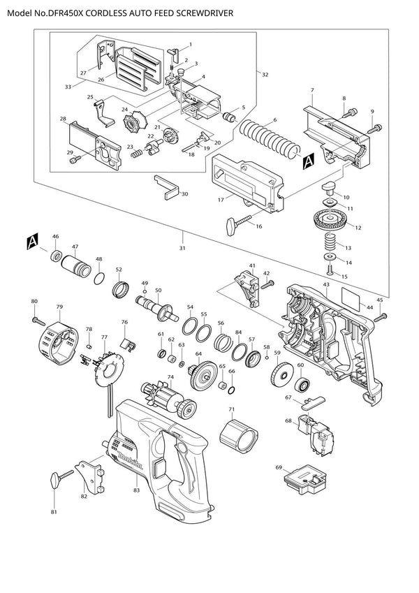 Vue éclatée Makita DFR450 - page 1
