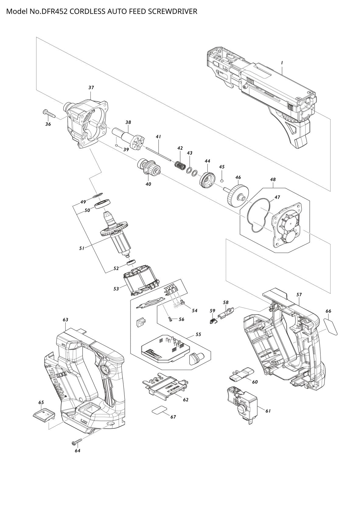 Vue éclatée Makita DFR452 - page 1